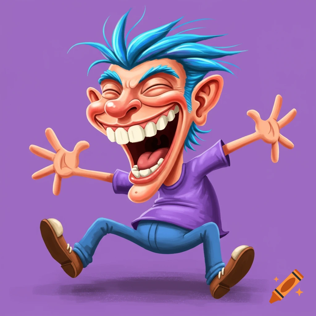 Cartoon caricature of a person with spiky blue hair laughing joyfully with arms wide open.