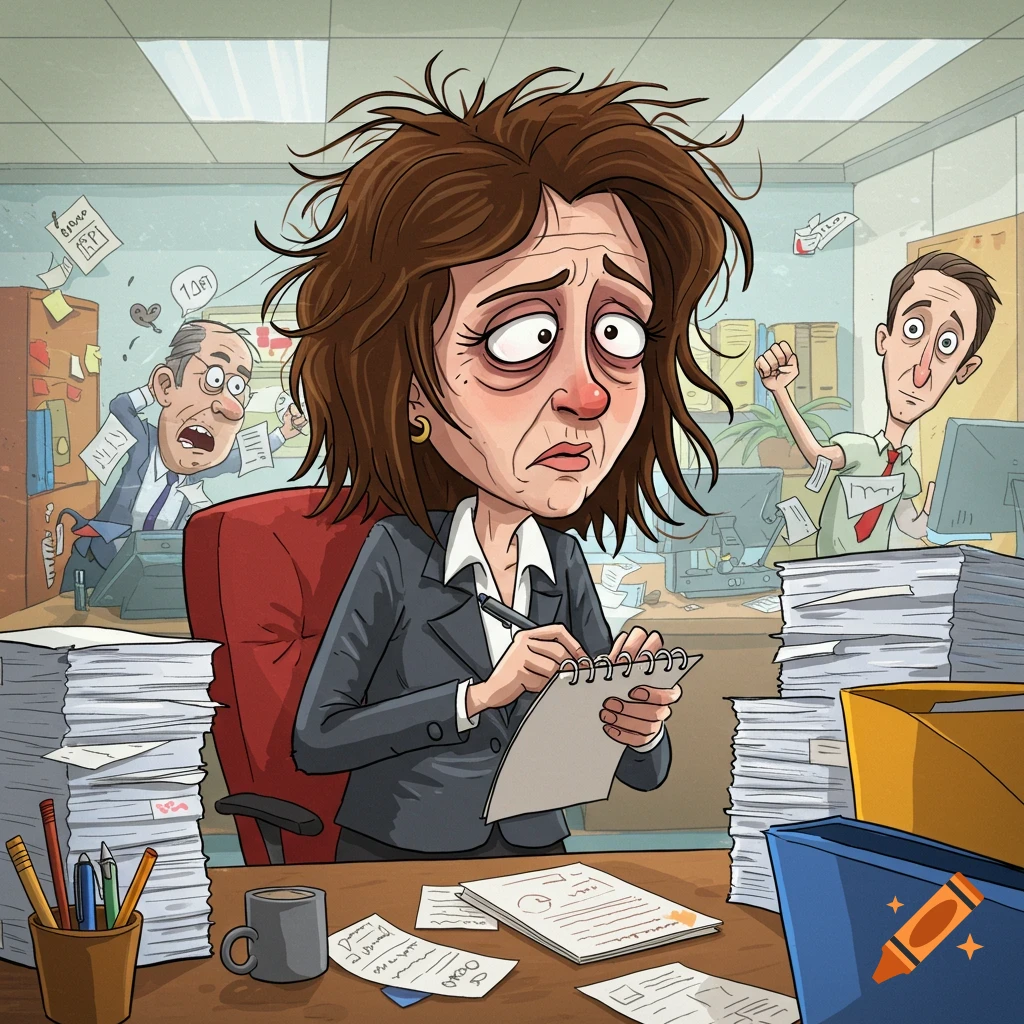 Cartoon of a stressed office worker taking notes at a desk piled high with papers, with frantic colleagues in the background.