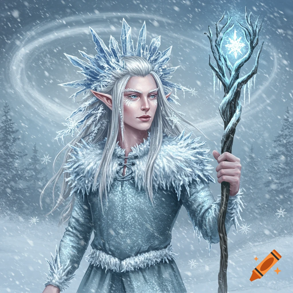 A snow elf holding a staff in a snowy landscape