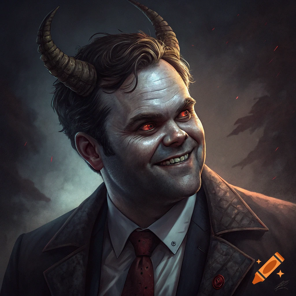 Close-up portrait of a man depicted as a demon with horns, glowing red eyes, and a suit.