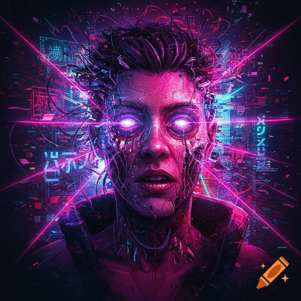 Cyberpunk portrait of a person with glowing eyes and cybernetic enhancements.