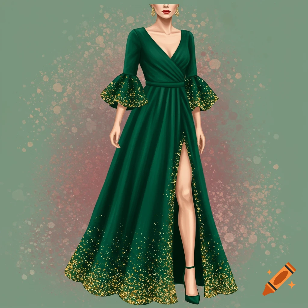 A woman in an emerald green dress with a high slit and gold glitter accents.