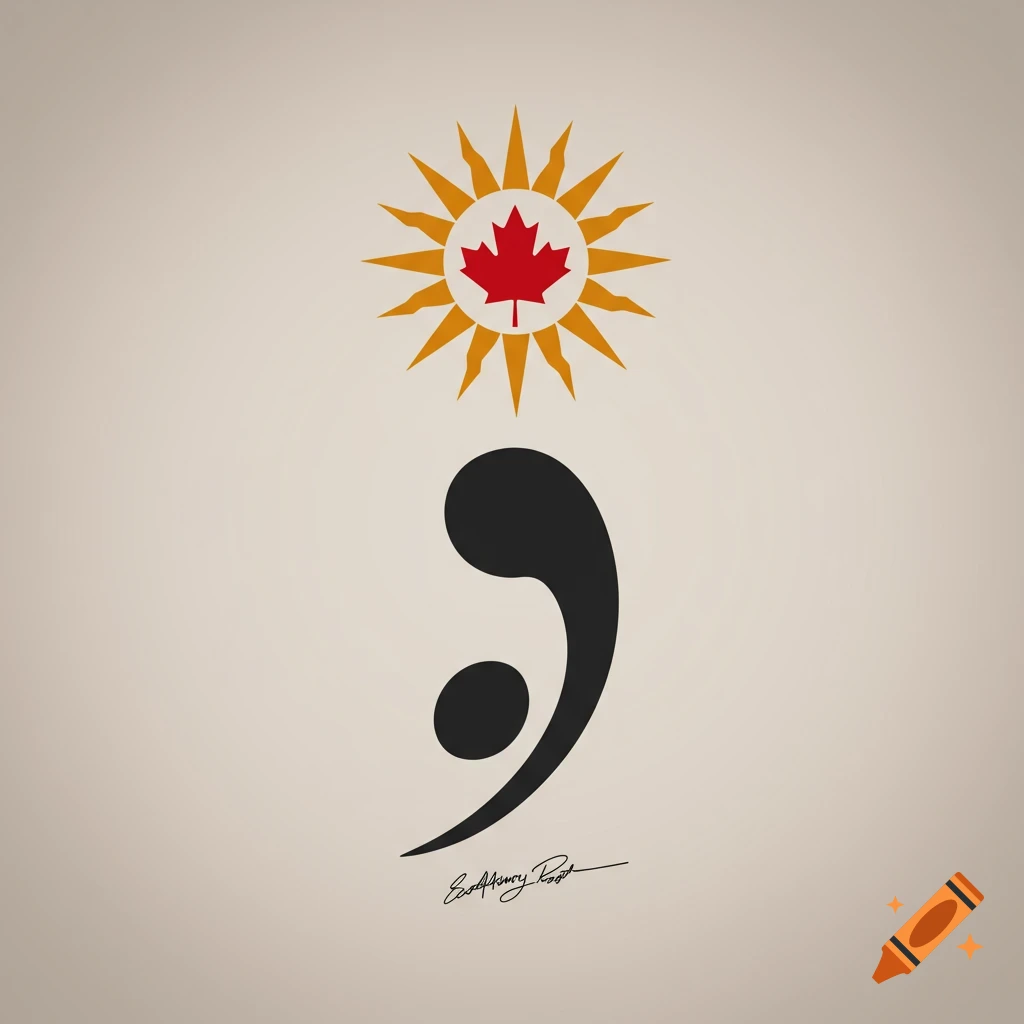 A graphic design of a semicolon symbol with a stylized sun above it, featuring a red Canadian maple leaf in the center.