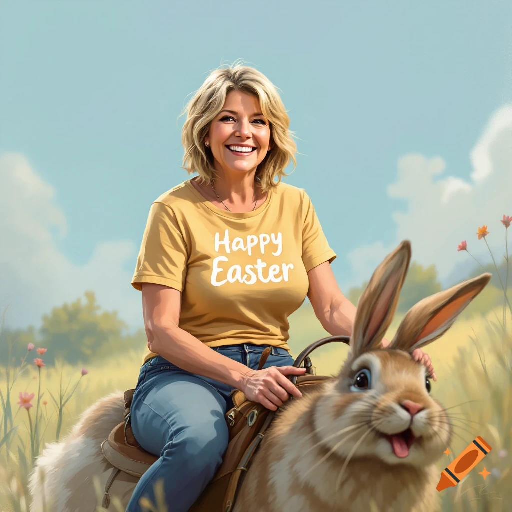 A woman in a Happy Easter shirt is riding a large bunny in a field.