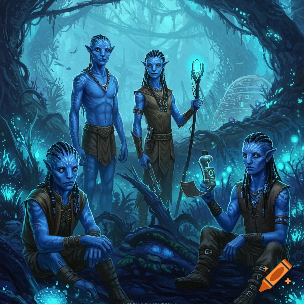 Blue-skinned humanoids in a bioluminescent forest
