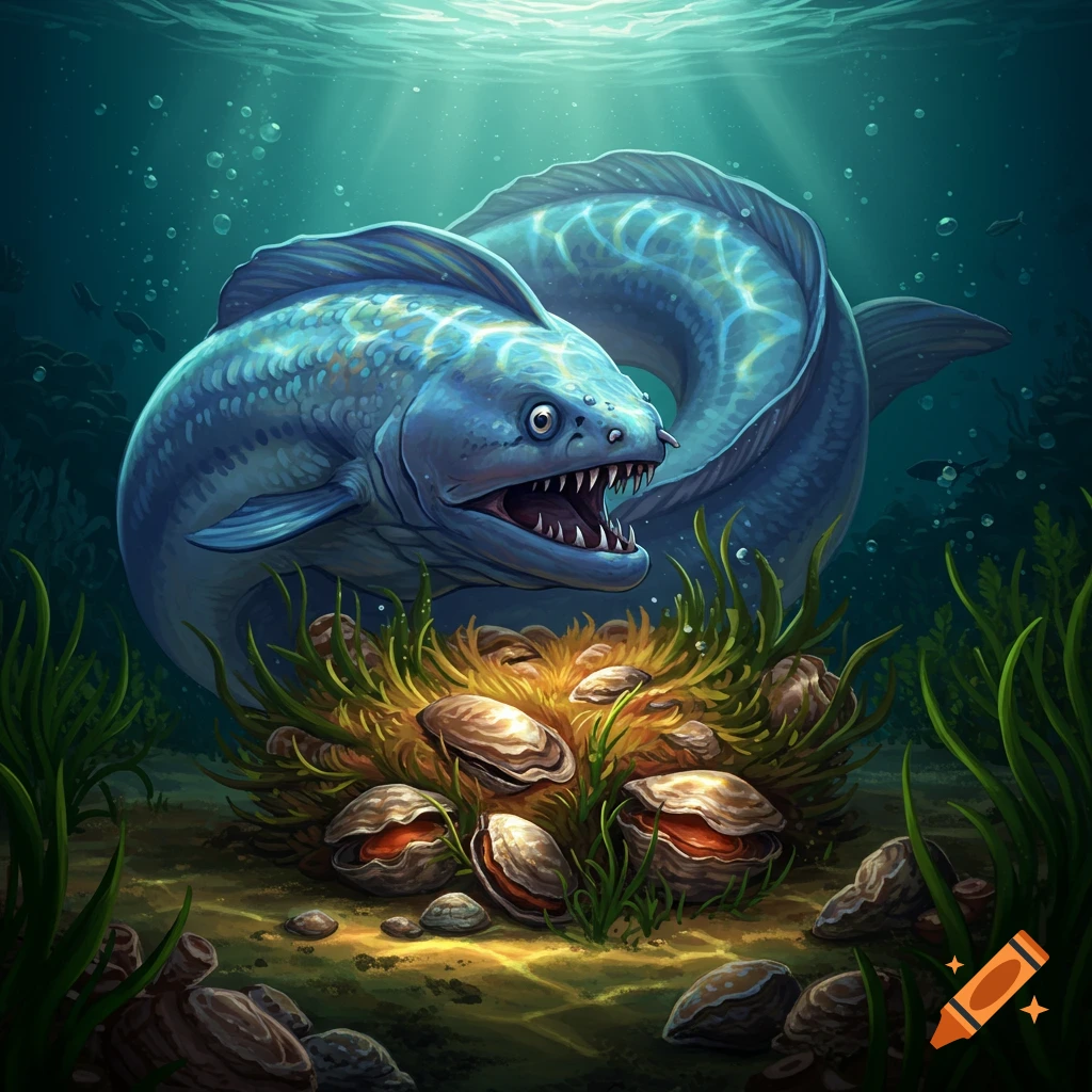 A large blue fish with sharp teeth guards oysters and clams on the seabed.