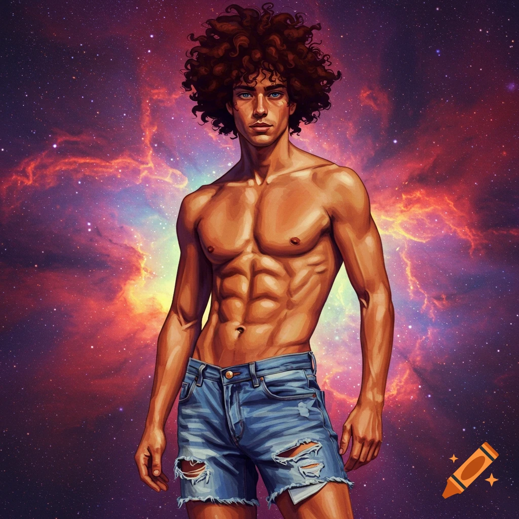 A muscular man with curly hair stands against a background of a swirling nebula.