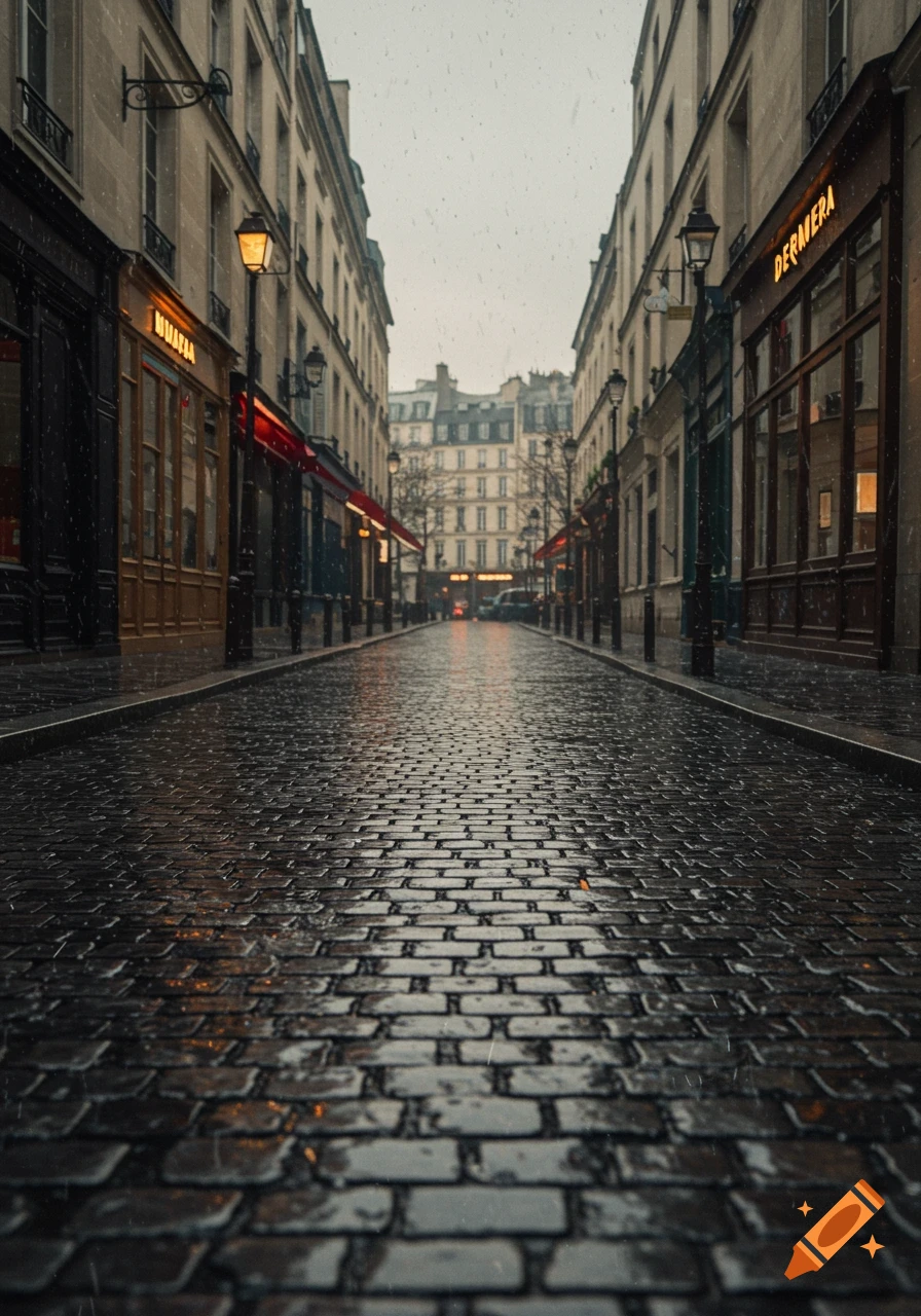A cobblestone street in a European city reflects light during a rainy day.
