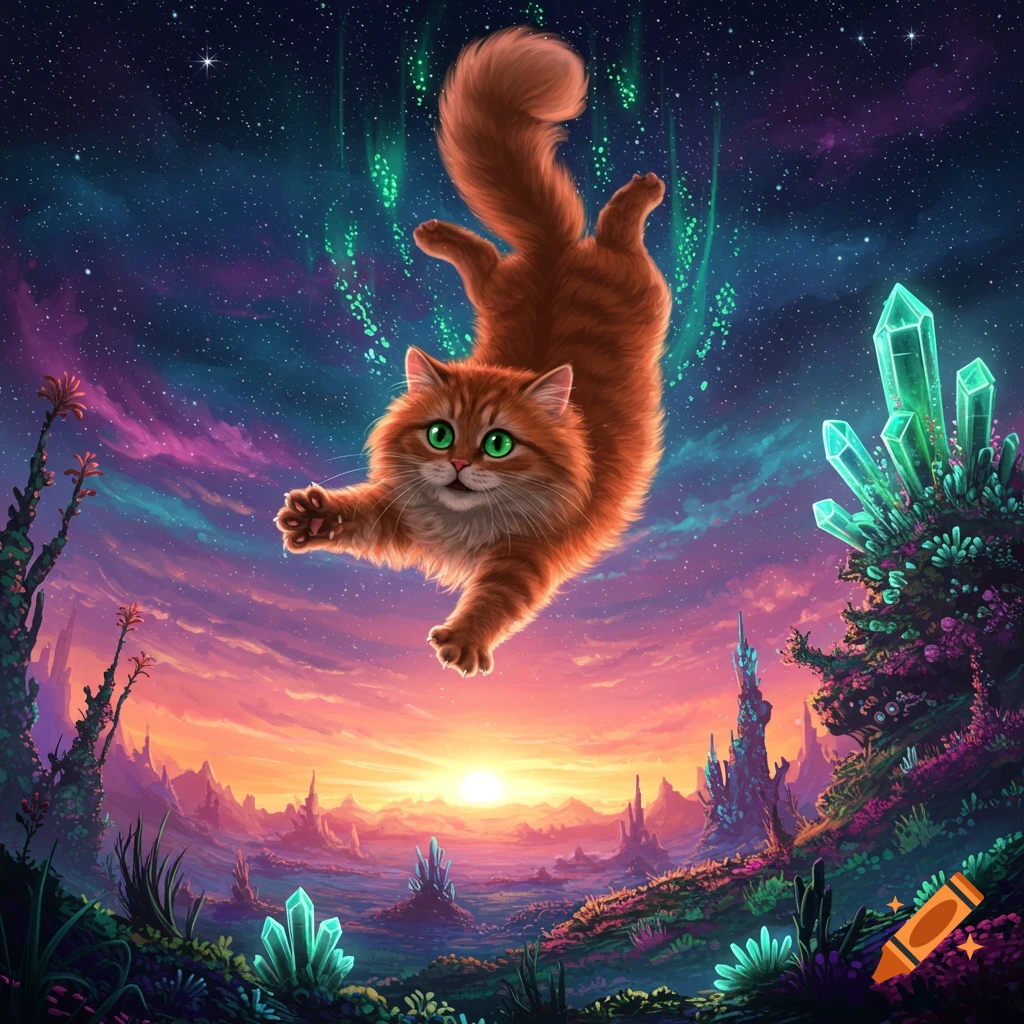 Orange cat falling through starry sky over alien landscape with crystals.