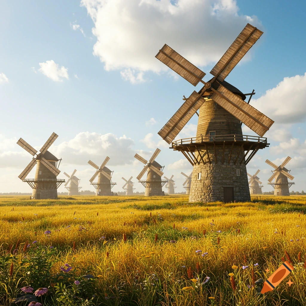 Many windmills stand in a golden field under a cloudy sky in a realistic style.