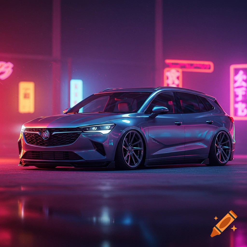 A lowered silver car parked on a street with neon signs at night.