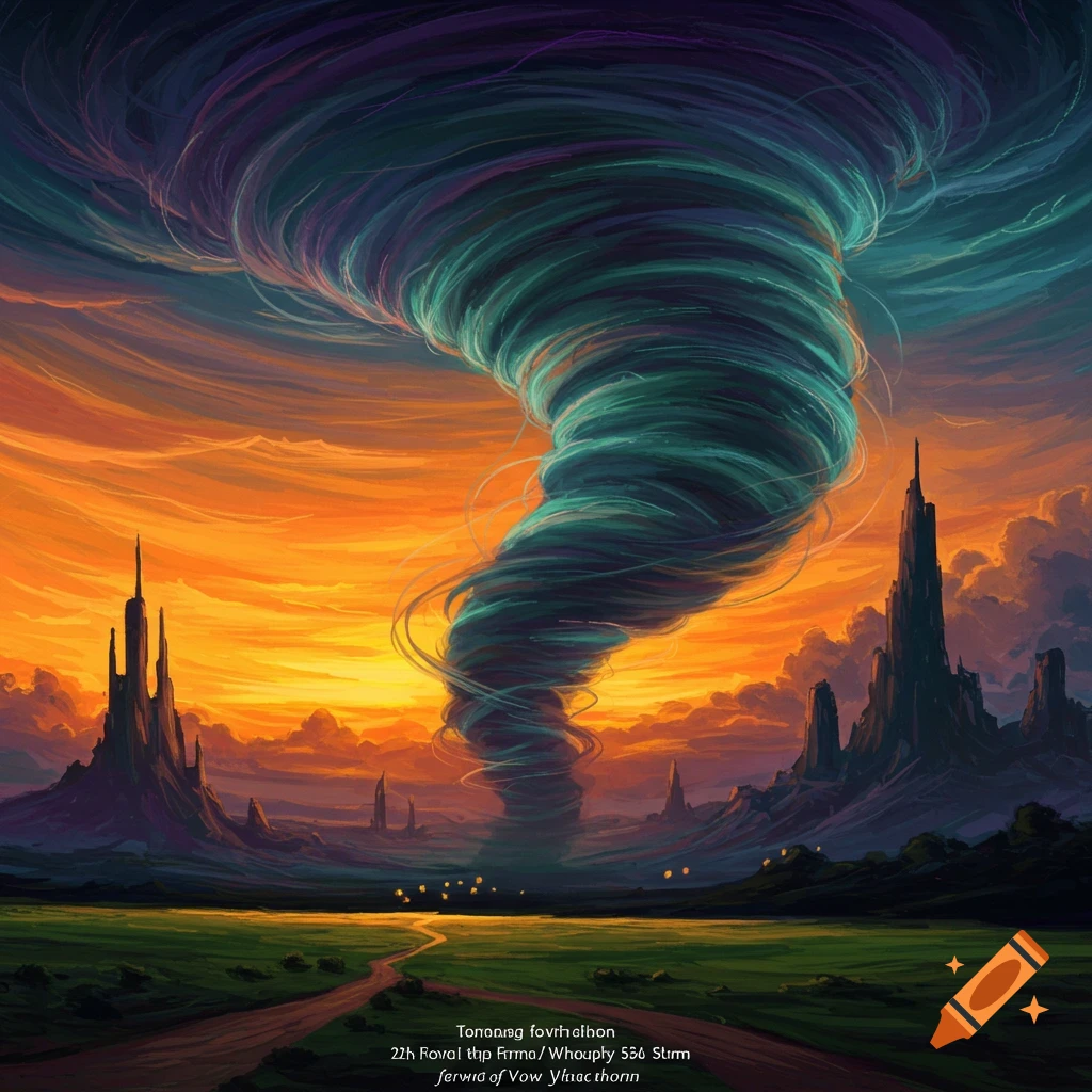 A massive, vibrant tornado swirls over a fantasy landscape with spiky mountains under an orange sunset sky.