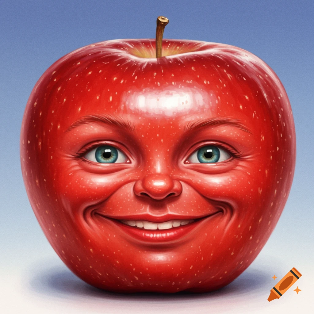 A red apple with a smiling human face.