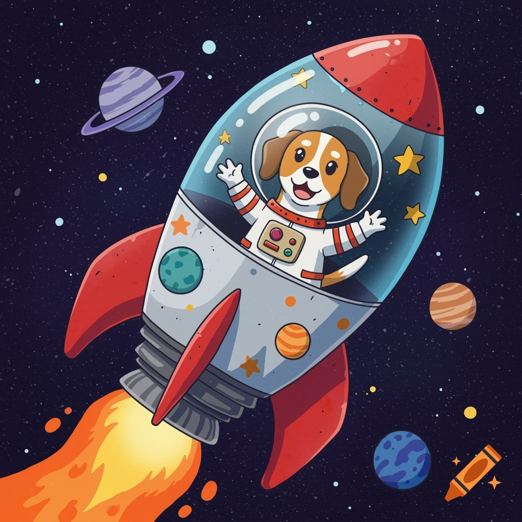 A whimsical cartoon illustration of a Beagle dog astronaut inside a rocket flying through starry space.