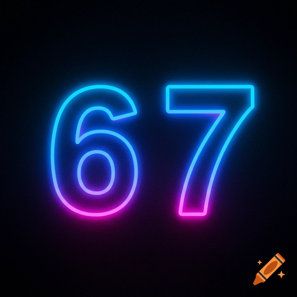 The numbers 67 glowing in blue and pink neon on a black background.