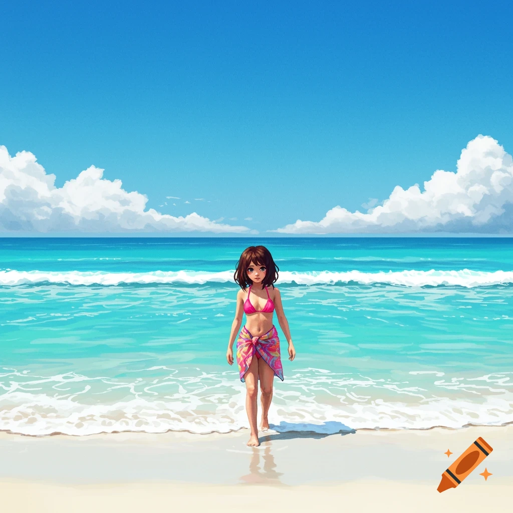Anime depiction of a girl in a bikini and sarong walking on a beach towards the ocean.