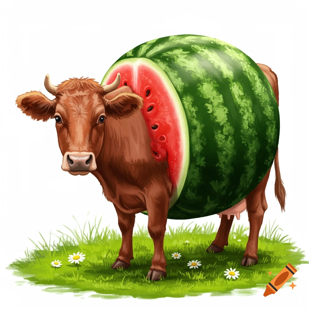 A cow with a watermelon body stands in a grassy field