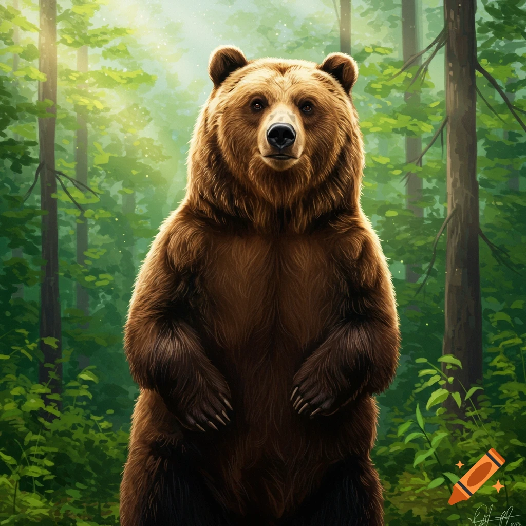 A brown bear standing up in a forest.