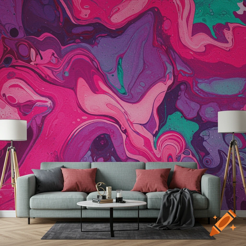 Living room with sofa and colorful abstract fluid art wallpaper