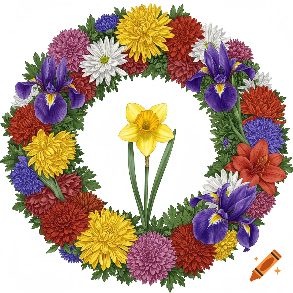 A wreath of colorful chrysanthemums, lilies, and irises surrounds a central yellow daffodil.