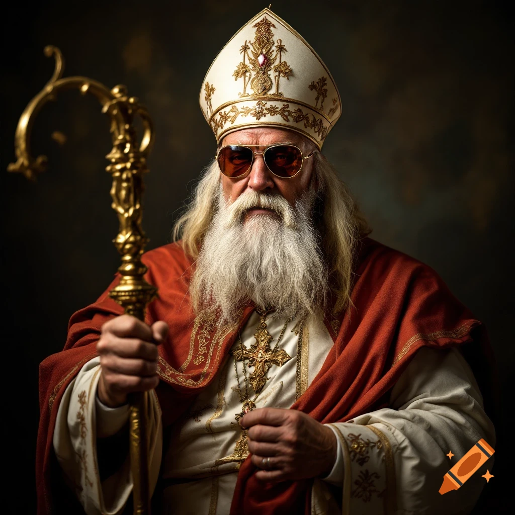 Photorealistic portrait of a person dressed as a Pope wearing sunglasses, holding a staff.