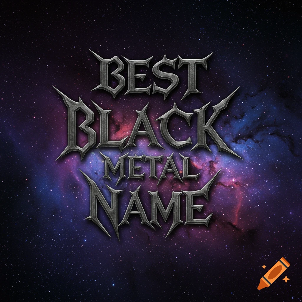 Stylized dark text "BEST BLACK METAL NAME" against a vibrant space nebula background.