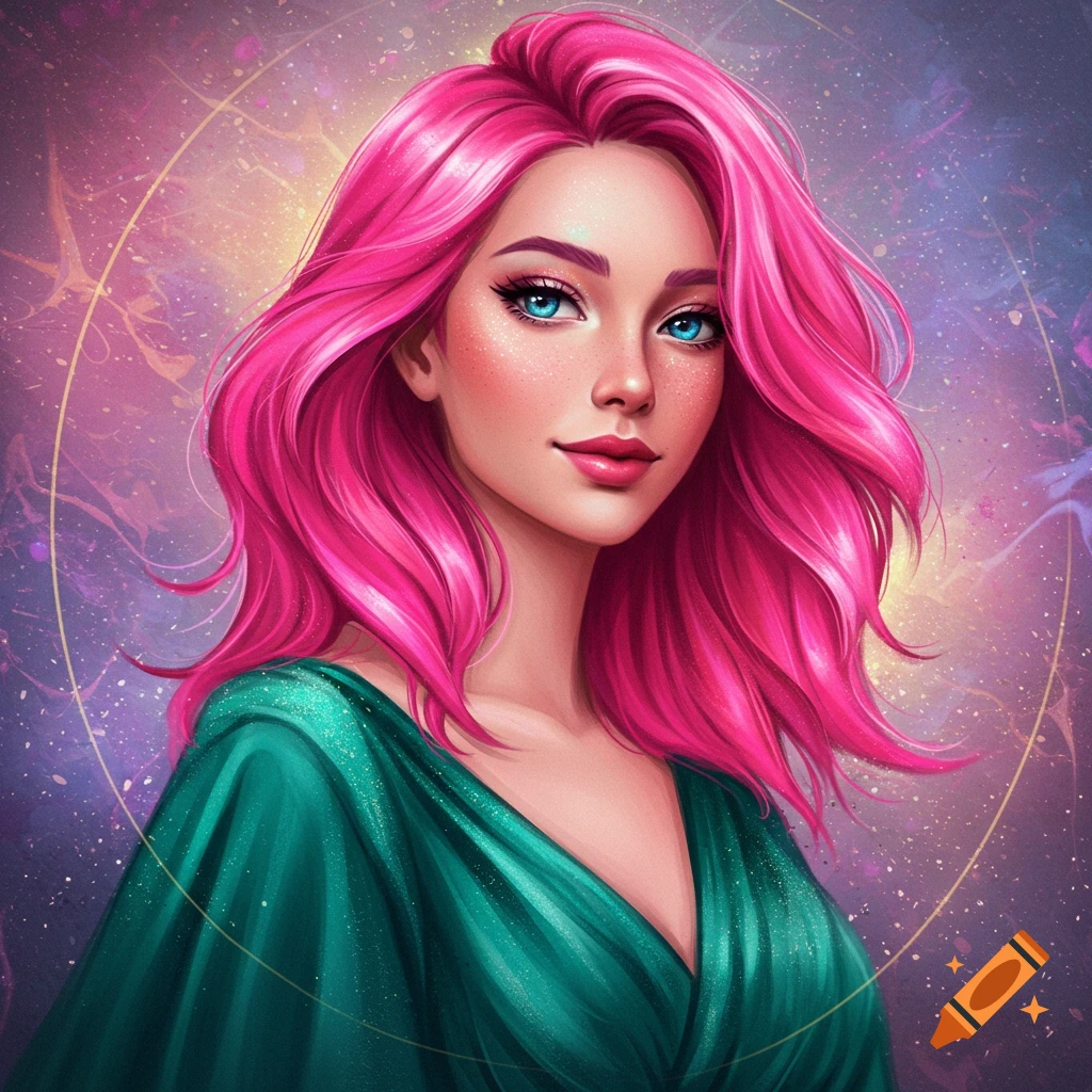 A woman with bright pink hair and blue eyes is depicted against a colourful, abstract background.