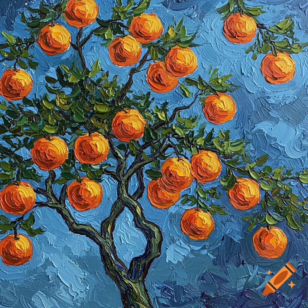 A Van Gogh style impasto painting of an orange tree against a blue sky.