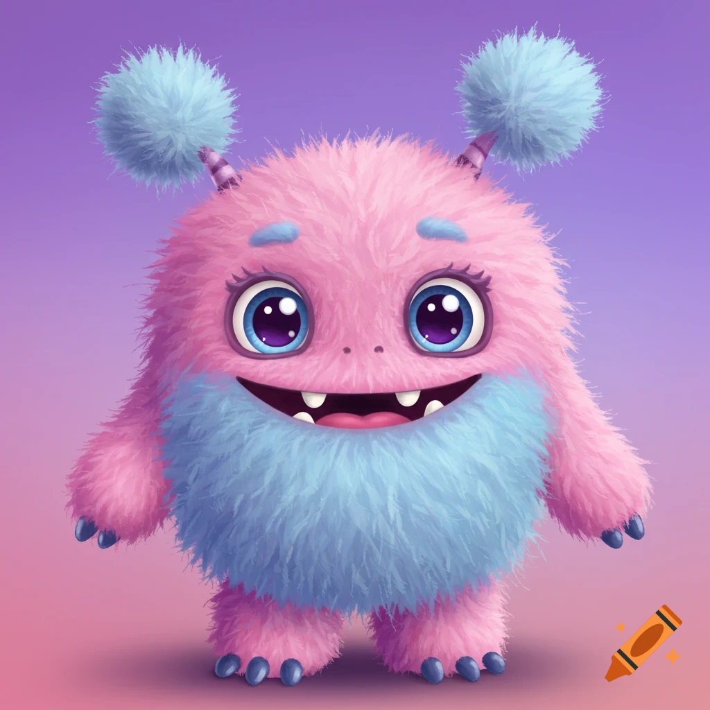 A cute pink and blue fluffy monster with big eyes and a smile.