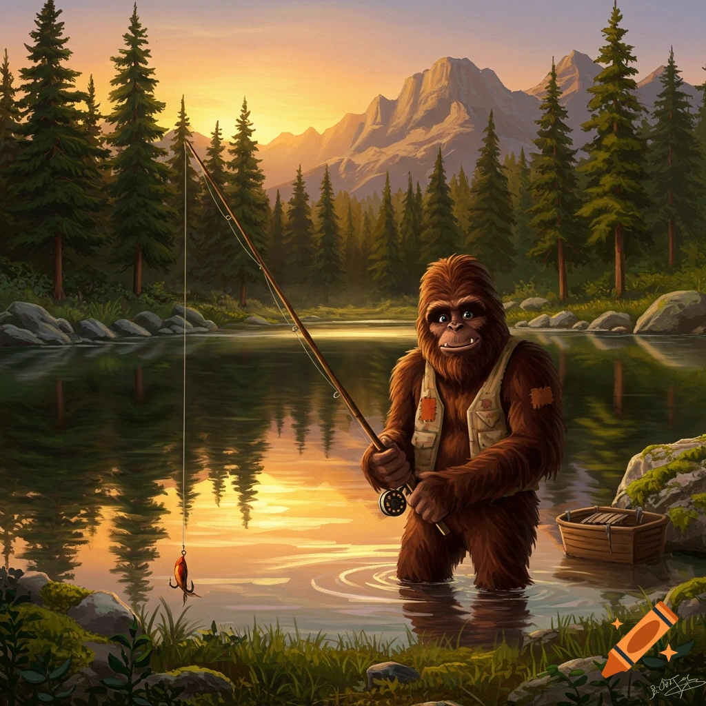 Bigfoot fishing in a lake with mountains and pine trees at sunset.