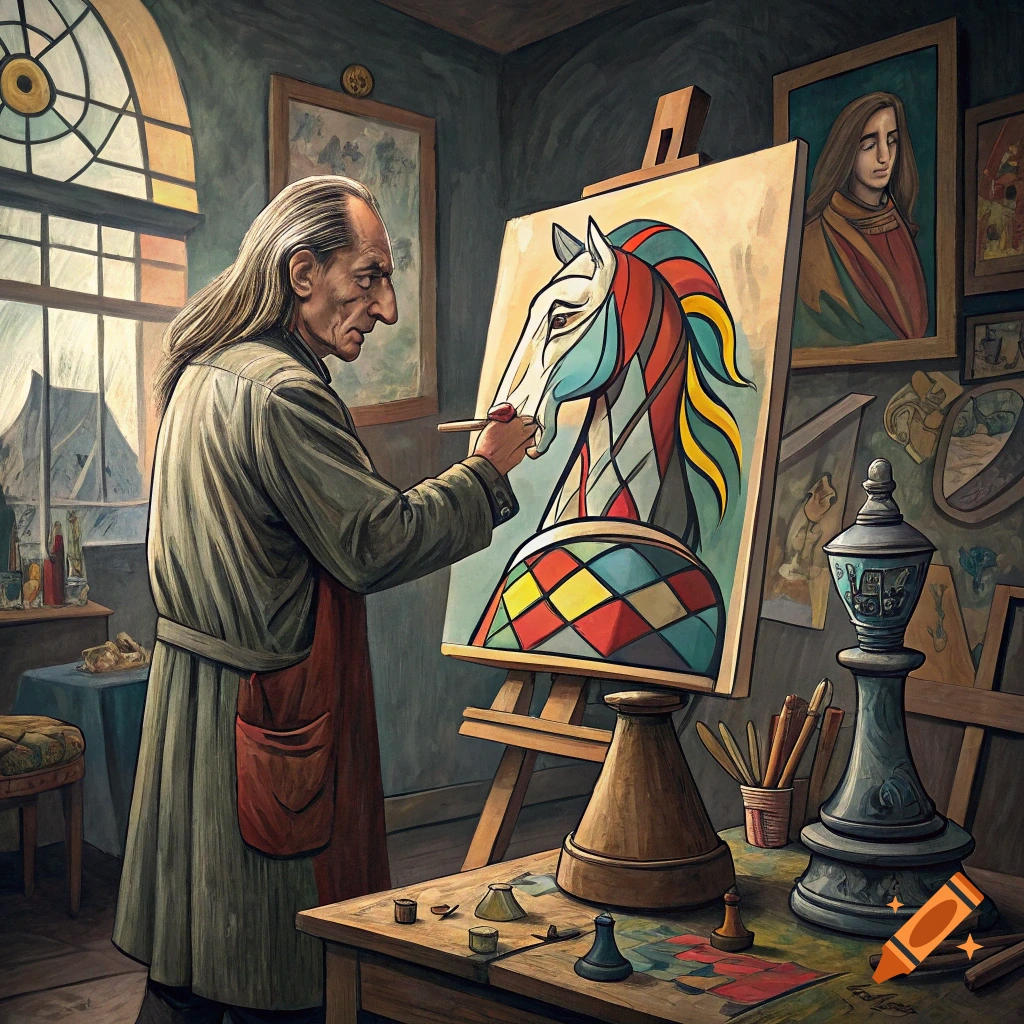 Painter in studio creating a colorful, stylized horse painting, with a large chess piece nearby.