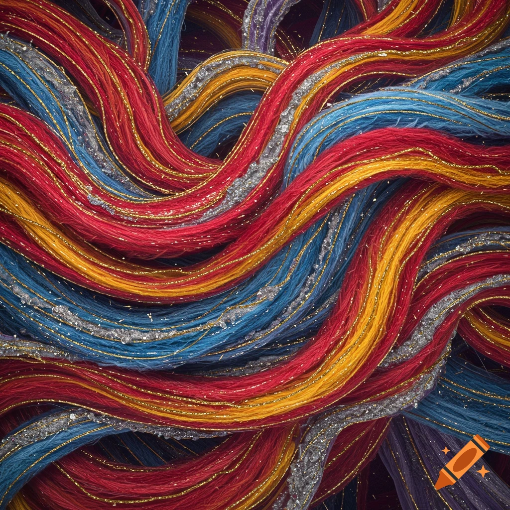 Abstract image of intertwined colorful threads with gold and silver glitter
