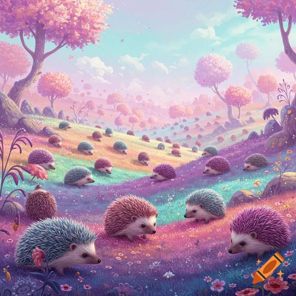 Colorful hedgehogs scattered across a vibrant, pastel fantasy landscape.