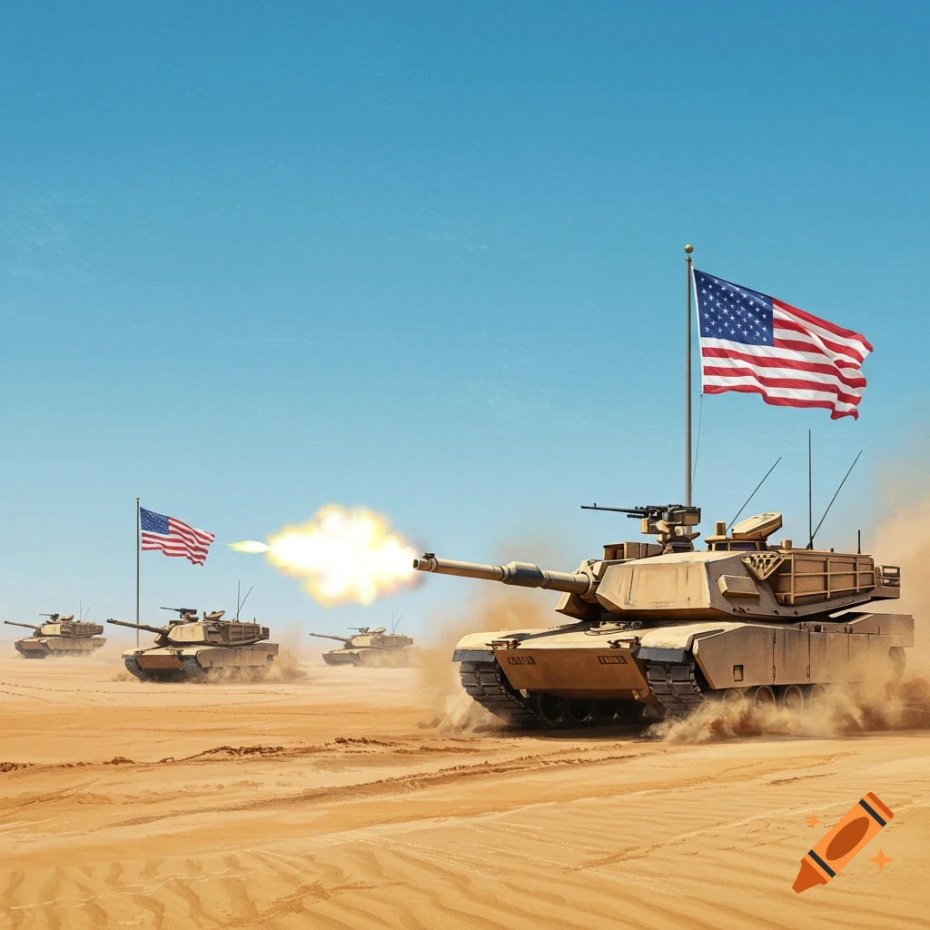M1 Abrams tanks firing in desert with US flags