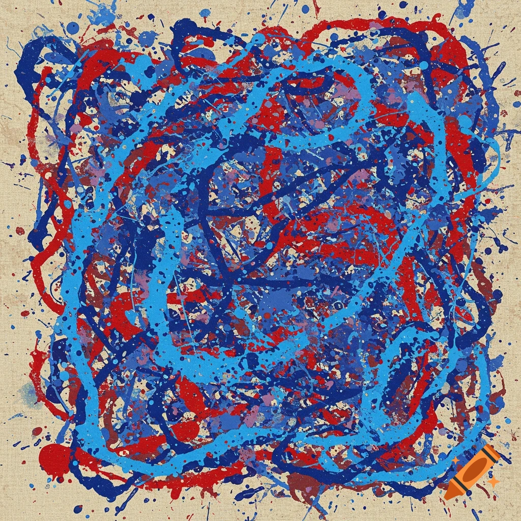 Abstract splatter painting with red and blue paint on canvas, in the style of Jackson Pollock.