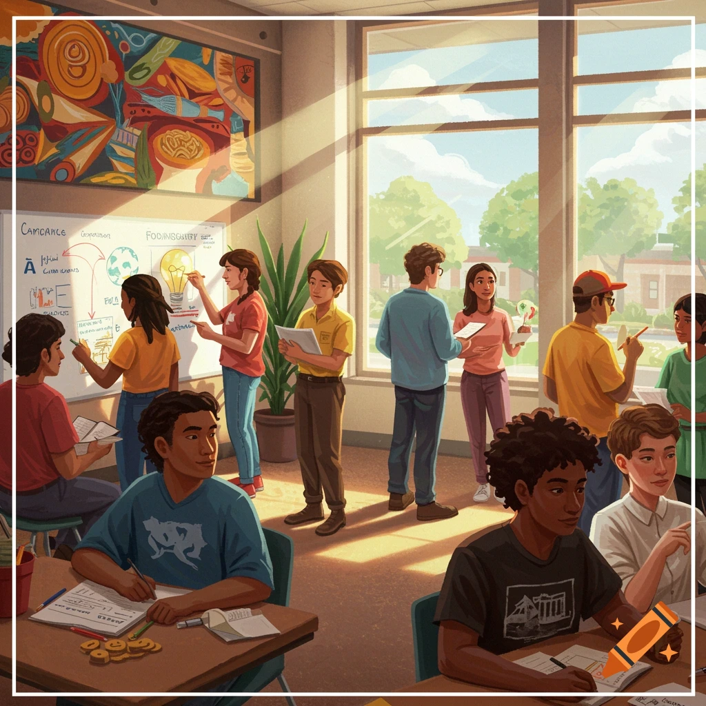 Diverse group collaborates in a sunny classroom, brainstorming ideas on whiteboards.