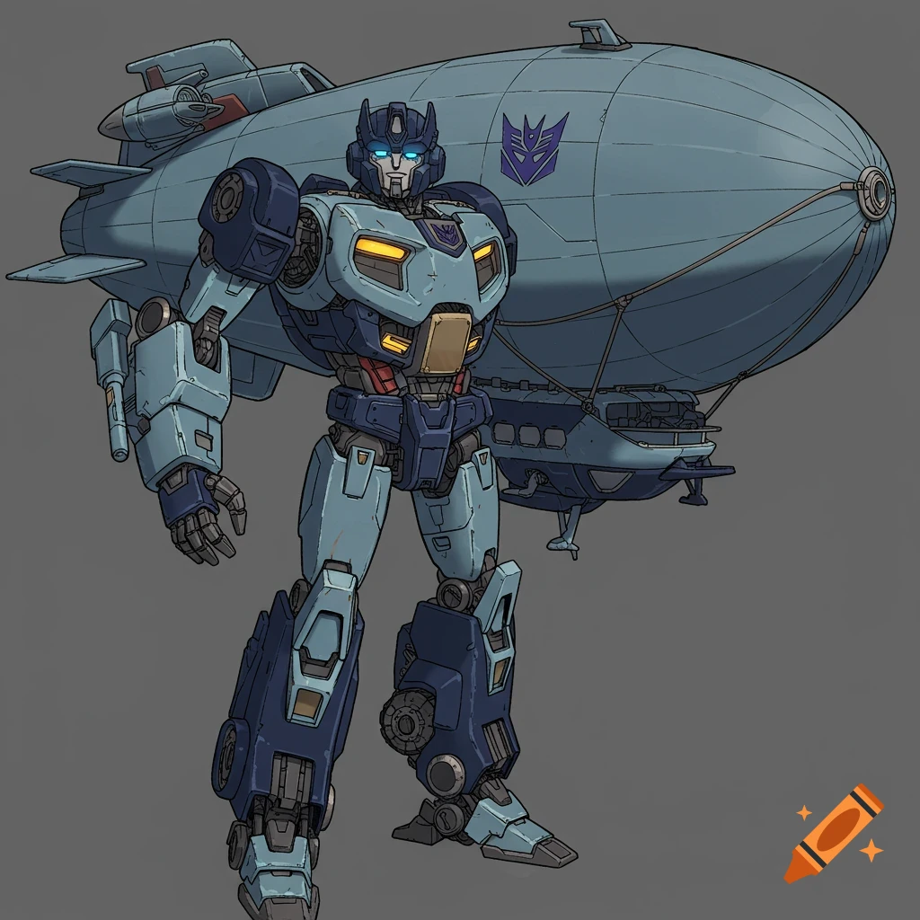 A blue and navy robot stands next to a large airship in an animated style.