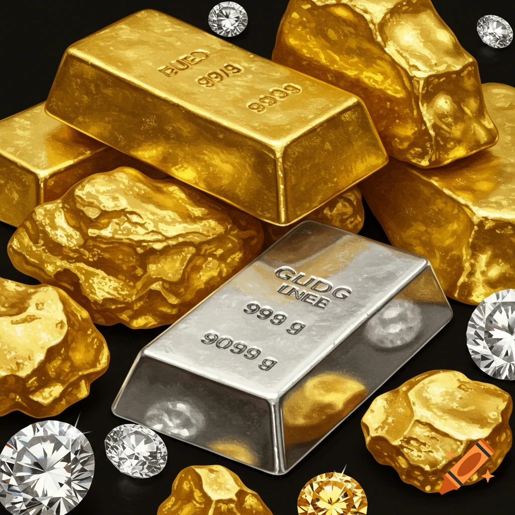 Pile of gold bars, gold nuggets, a silver bar, and scattered diamonds on a dark background.