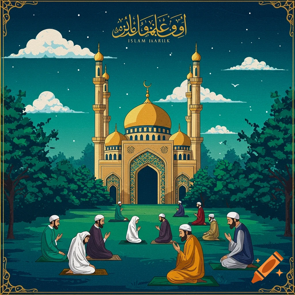 A stylized depiction of a mosque at dusk with people praying on the grass.