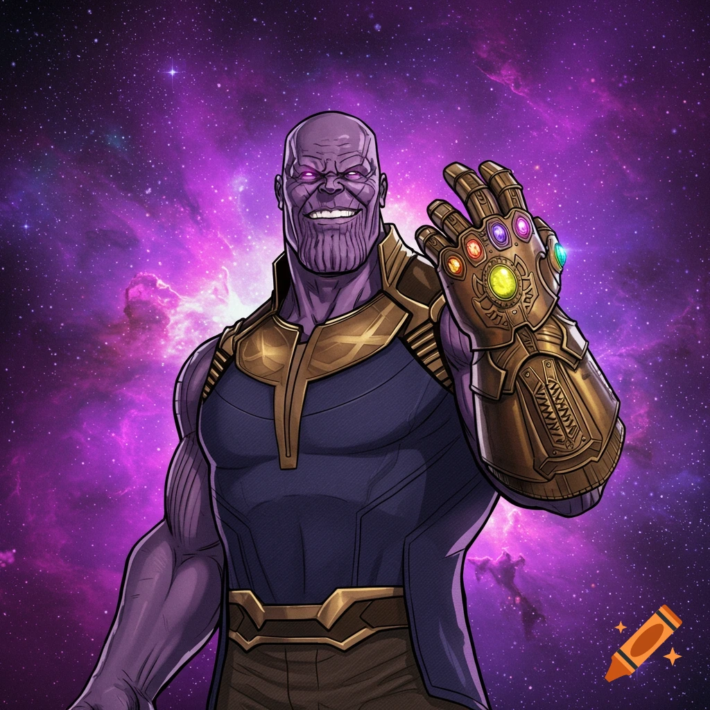 Thanos wearing the Infinity Gauntlet against a purple galaxy background.