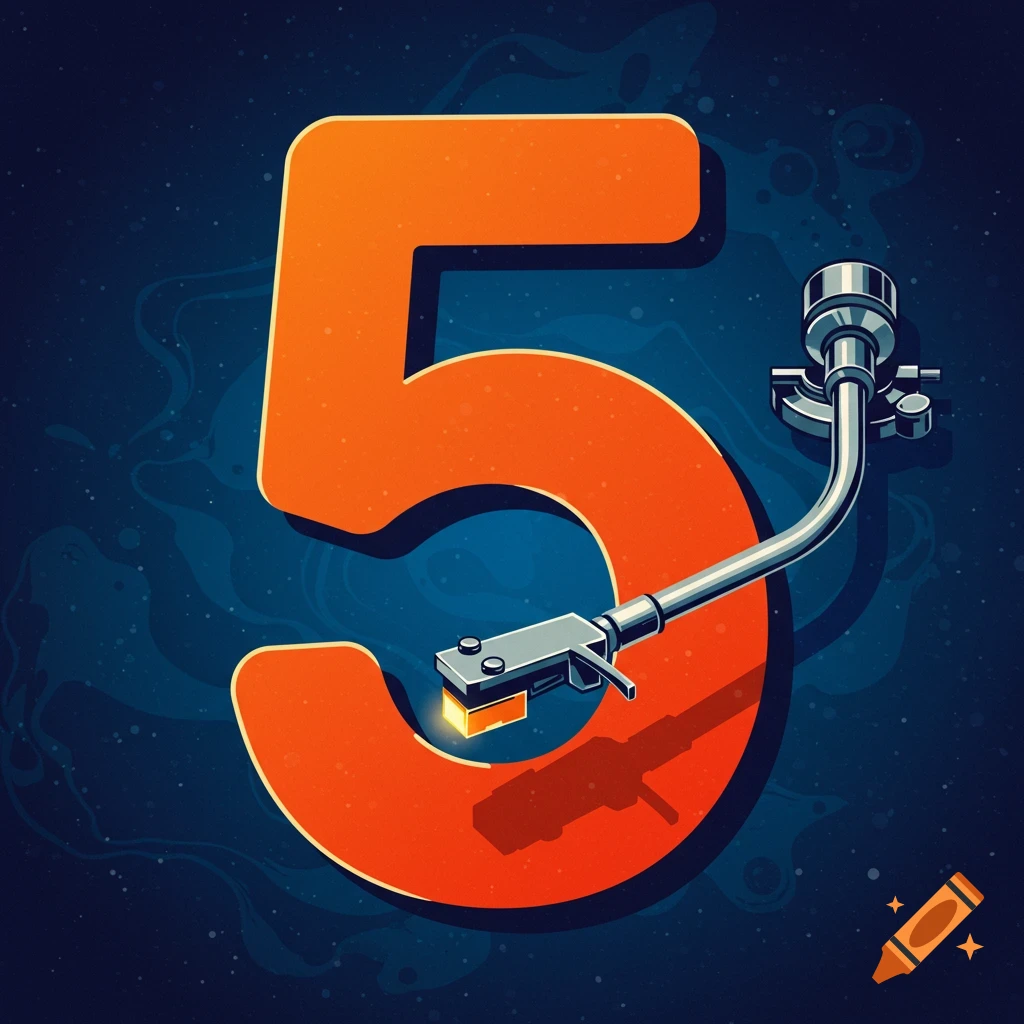 Stylized illustration of the number 5 with a turntable tonearm on a dark starry background.