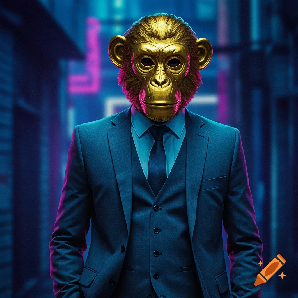 A person wearing a golden monkey mask and blue suit stands in a neon-lit urban alley.