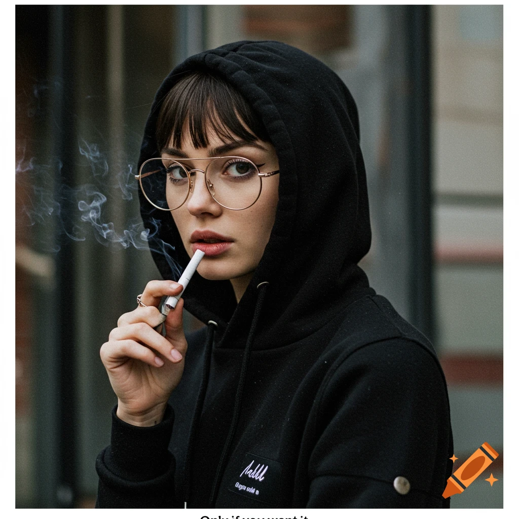 A young woman with glasses and a black hoodie holds a cigarette and smokes.
