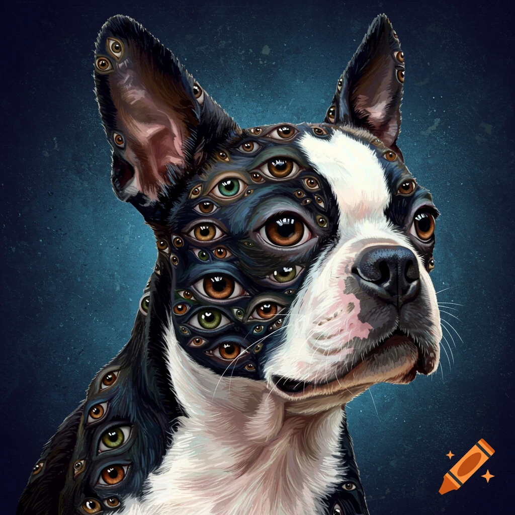 A Boston terrier covered in many eyes against a dark background