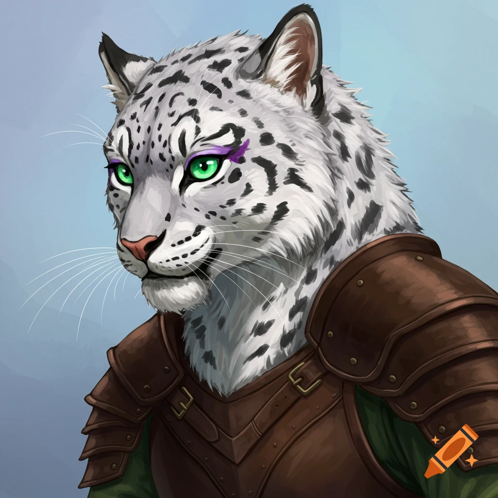 A snow leopard fantasy character (Tabaxi) in leather armor and purple eye shadow.