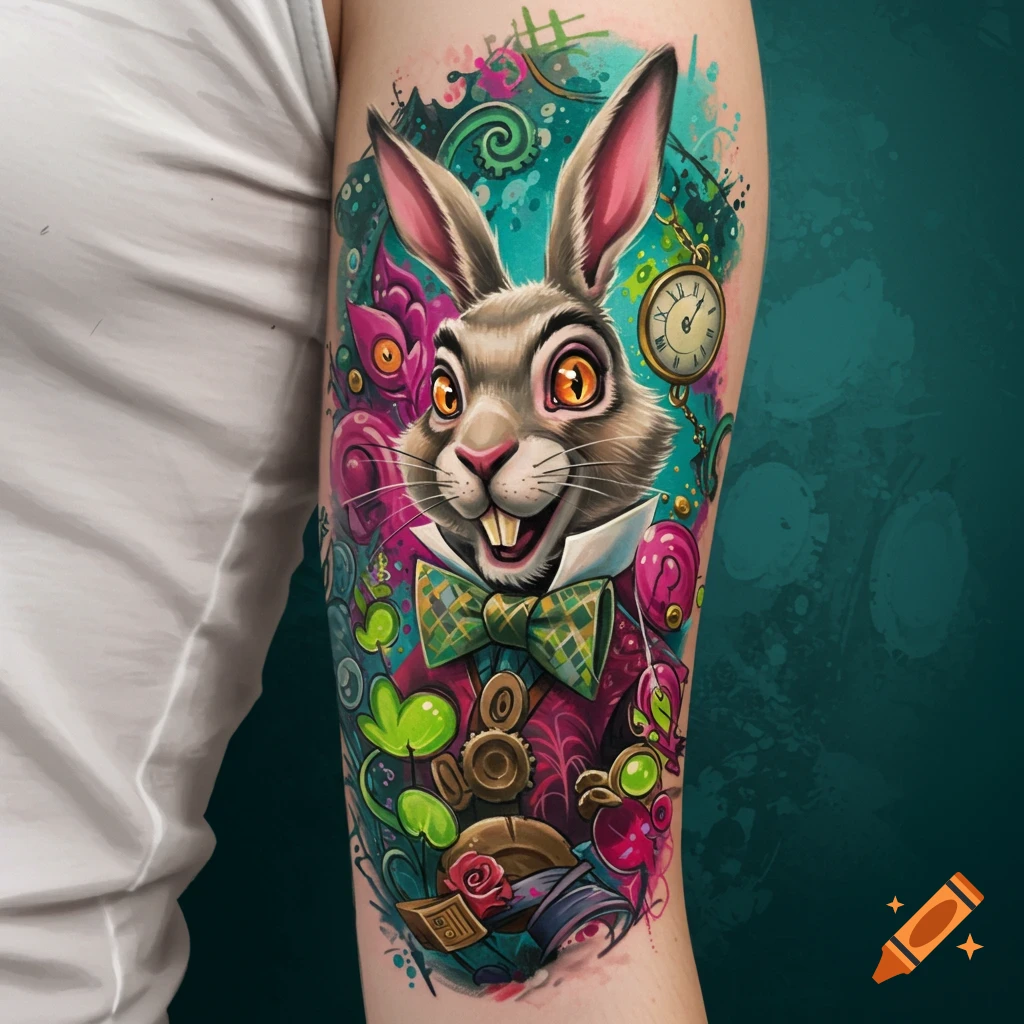 A colorful tattoo of the White Rabbit from Alice in Wonderland on an arm, surrounded by thematic elements.