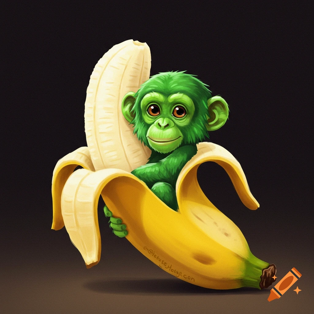 A cute green cartoon chimpanzee sits inside a peeled banana.