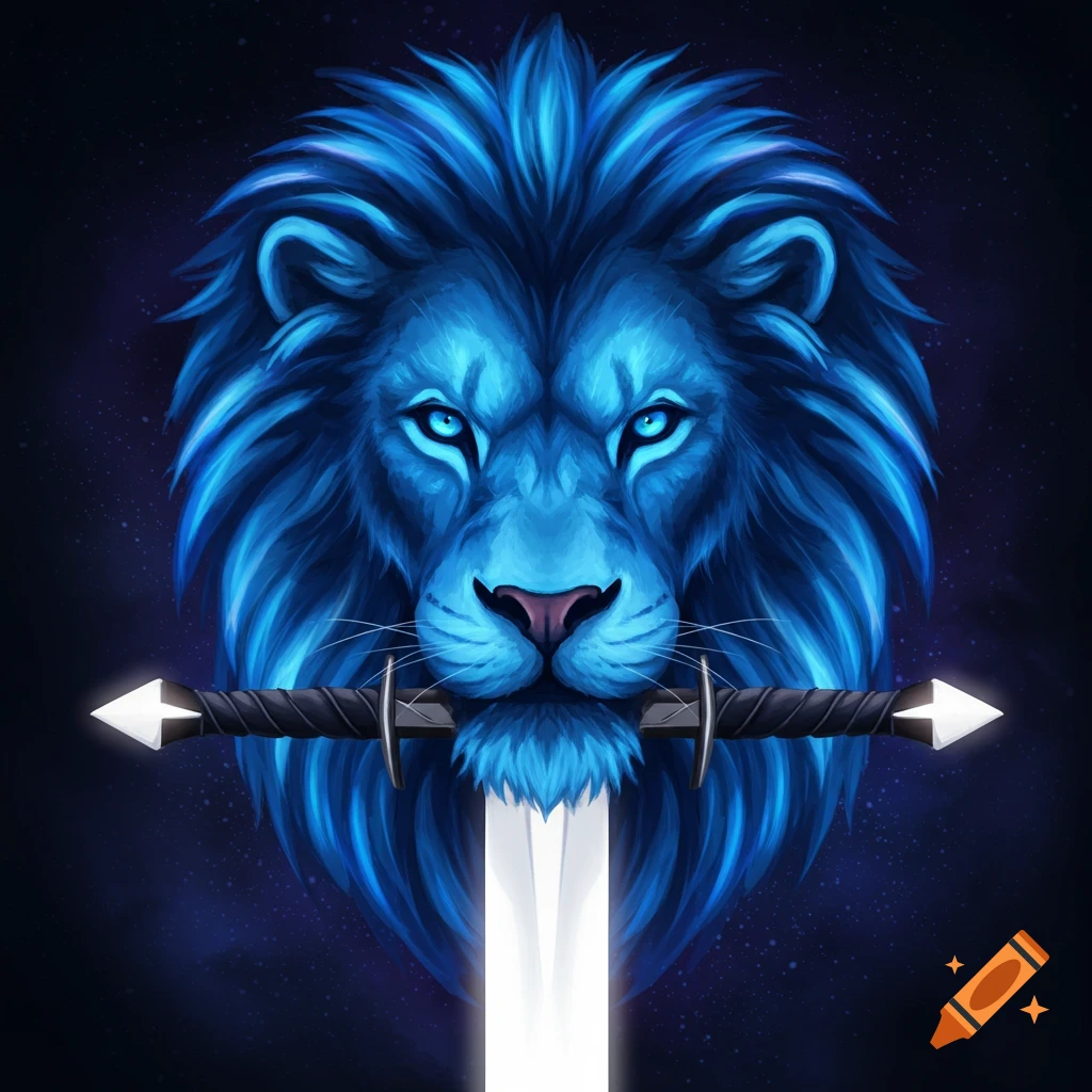 A blue lion head holds a glowing sword in its mouth against a starry background.