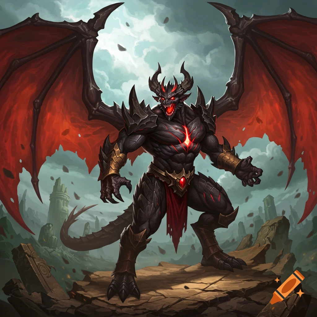 A demonic monster with red wings standing in a ruined landscape.