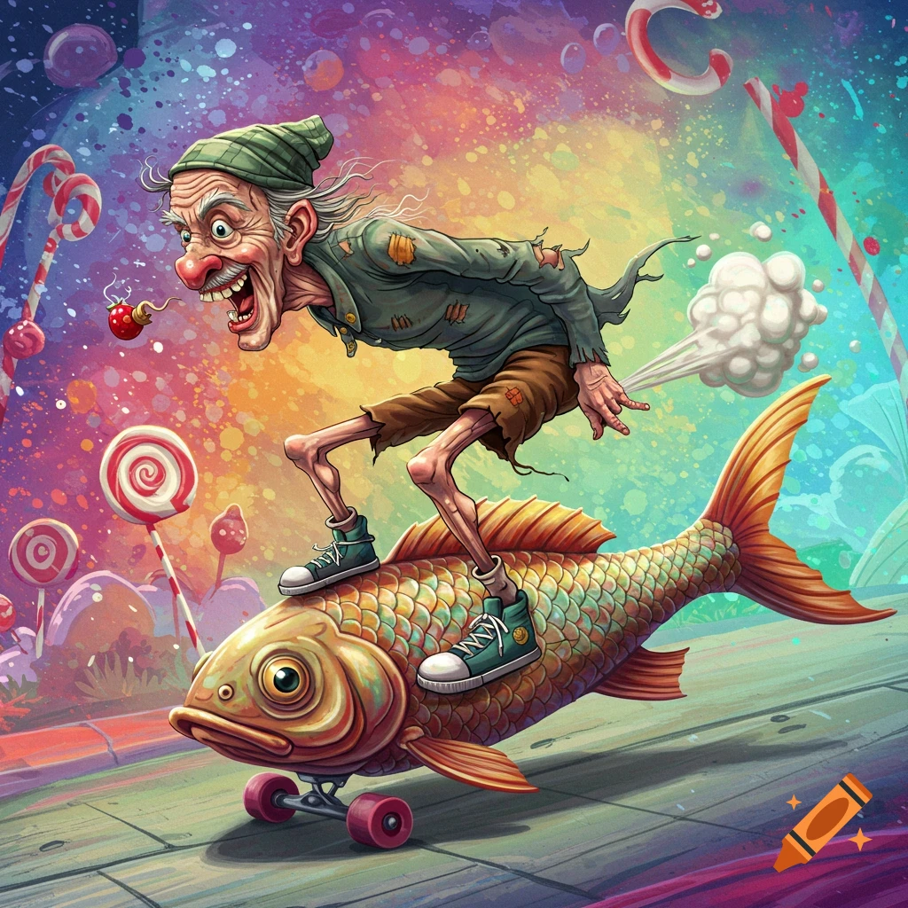 A vibrant illustration of an old man riding a fish skateboard while farting in a candy landscape.